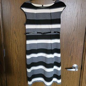 EUC Calvin Klein Horizontal Black Grey White Stripes Belted Work Dress Size 8